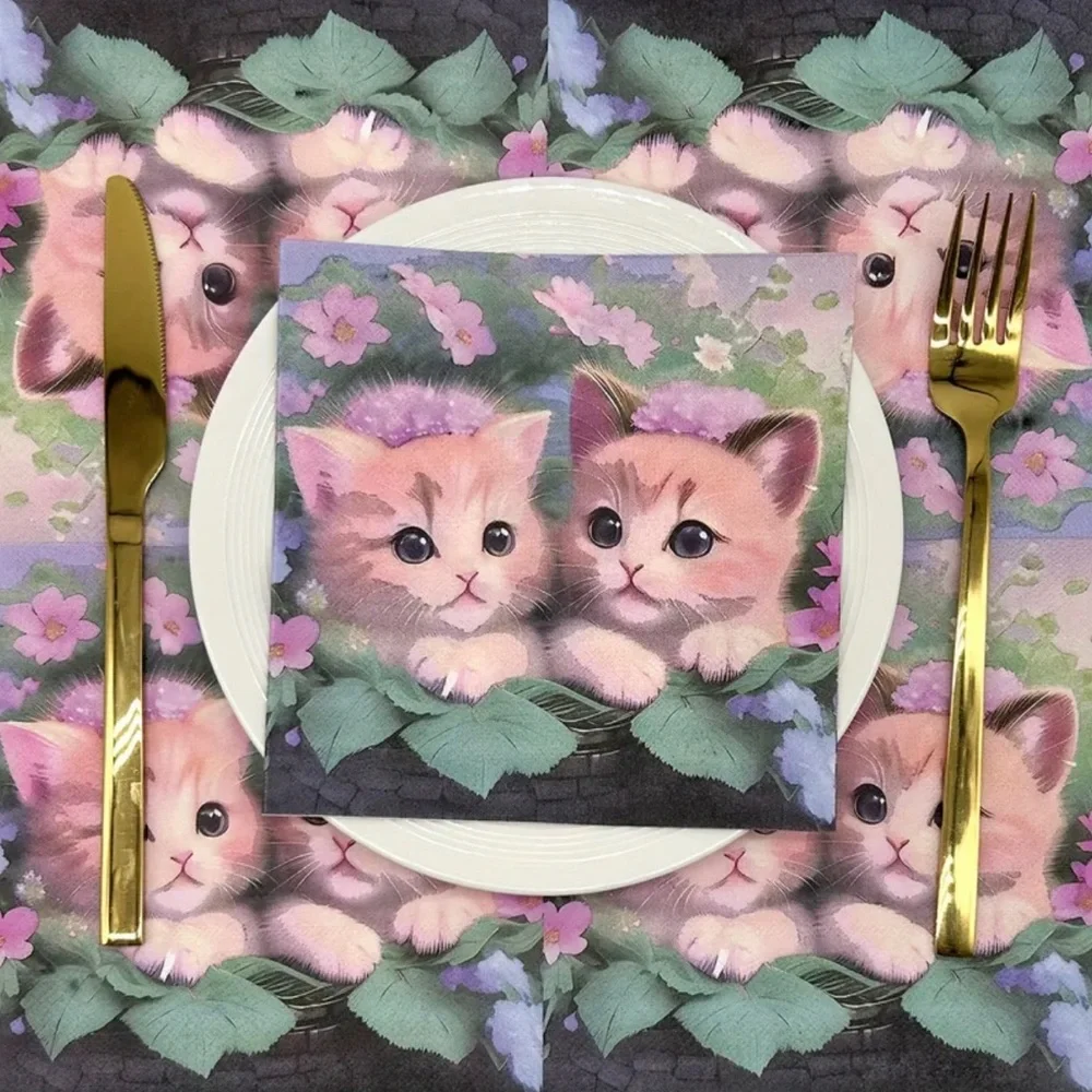 Sweet Kittens in Basket Foliage Luncheon Paper Napkins, 20 ct